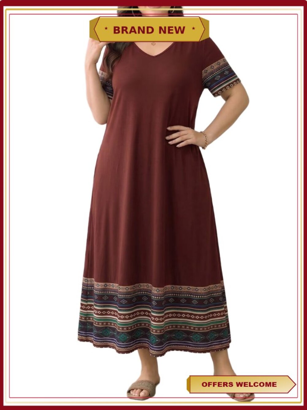 Women's Plus Size Maxi Dress Short Sleeve V-Neck Loose Fit Bohemian Summer